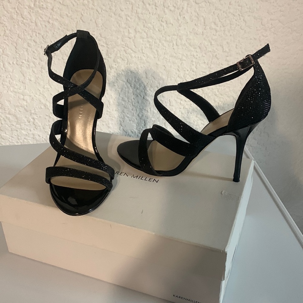 Heels, black sparkly leather strappy sandals. Karen Millen